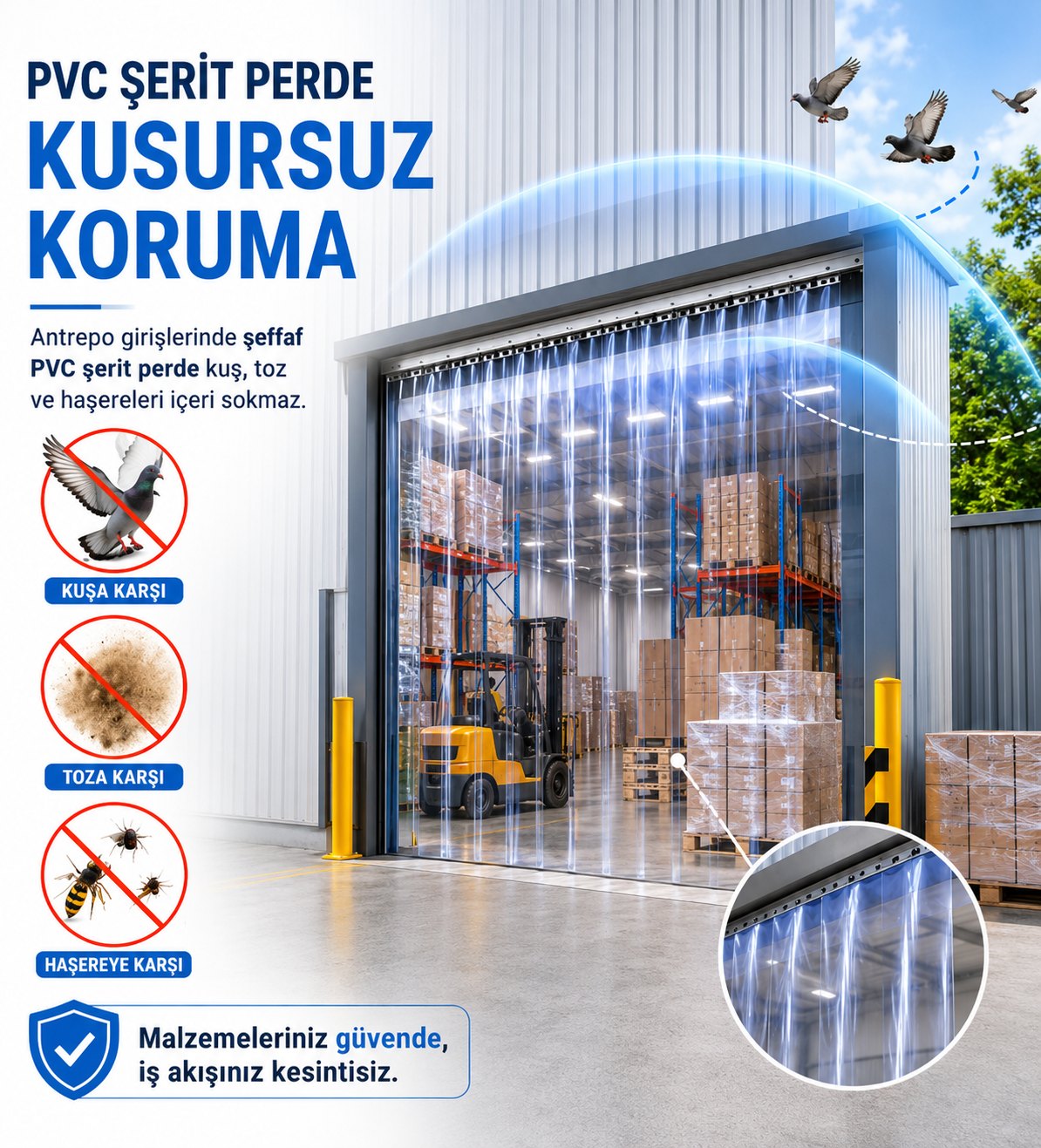 PVC şerit perde ile depo girişlerinde kuş, toz ve haşereye karşı koruma
